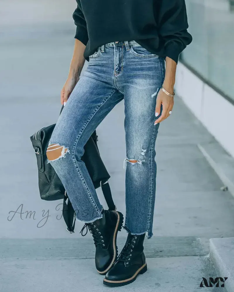 Amy Fashion - 2024 Blue New Hole Straight Women's All-Match High Waist Casual Ladies Washed Jean