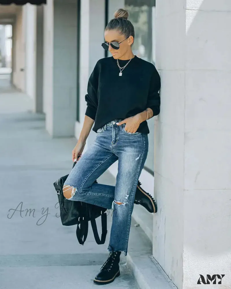 Amy Fashion - 2024 Blue New Hole Straight Women's All-Match High Waist Casual Ladies Washed Jean