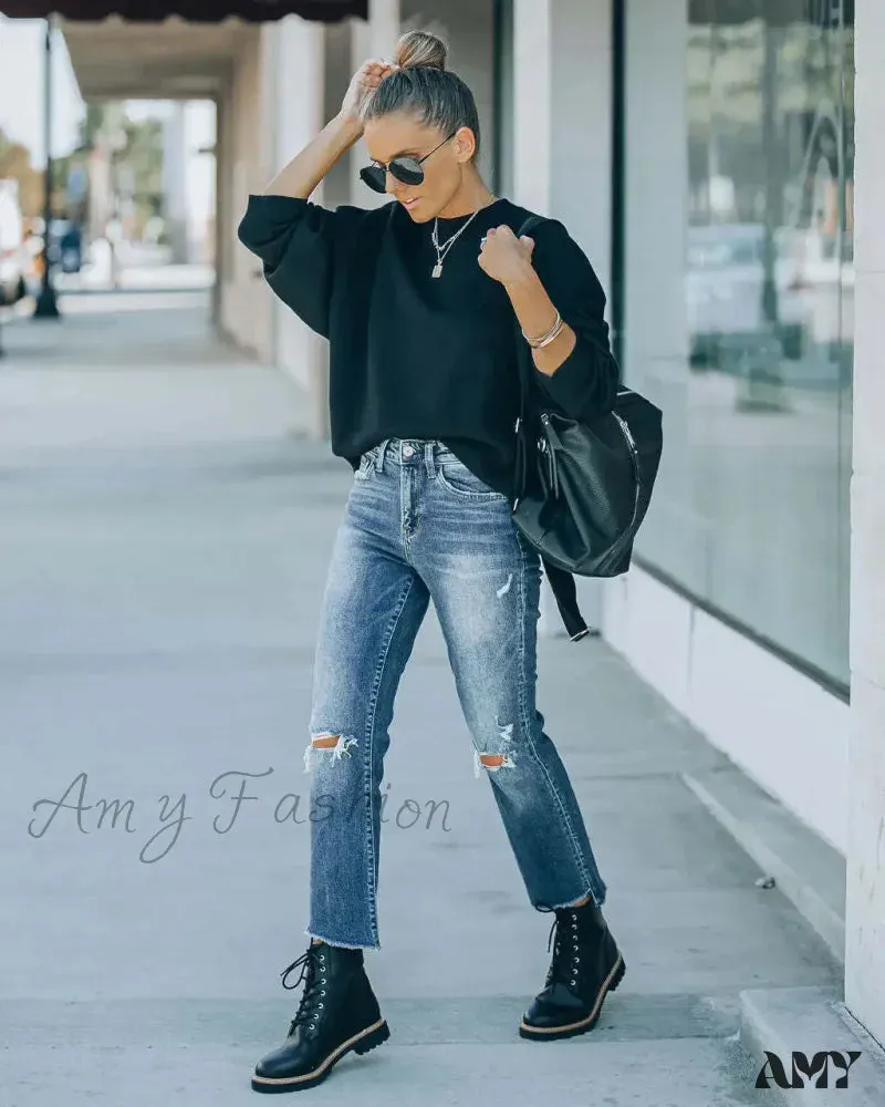 Amy Fashion - 2024 Blue New Hole Straight Women's All-Match High Waist Casual Ladies Washed Jean