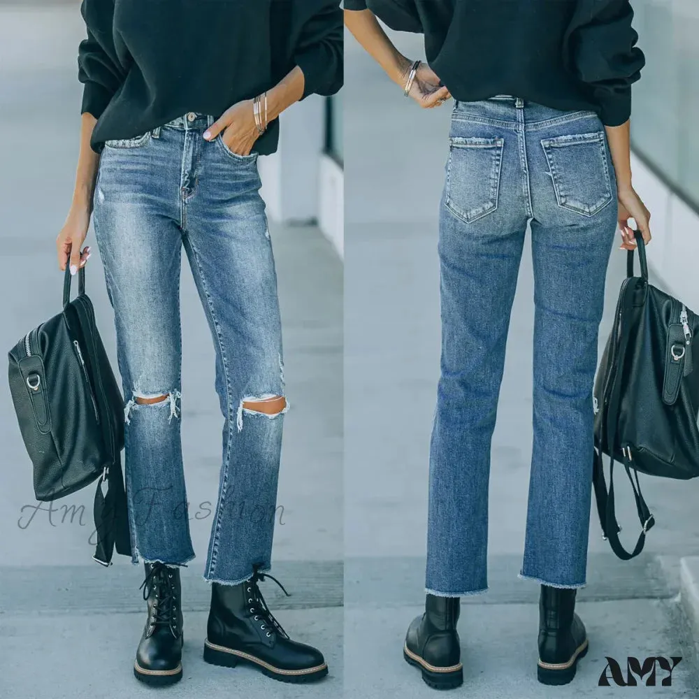 Amy Fashion - 2024 Blue New Hole Straight Women's All-Match High Waist Casual Ladies Washed Jean