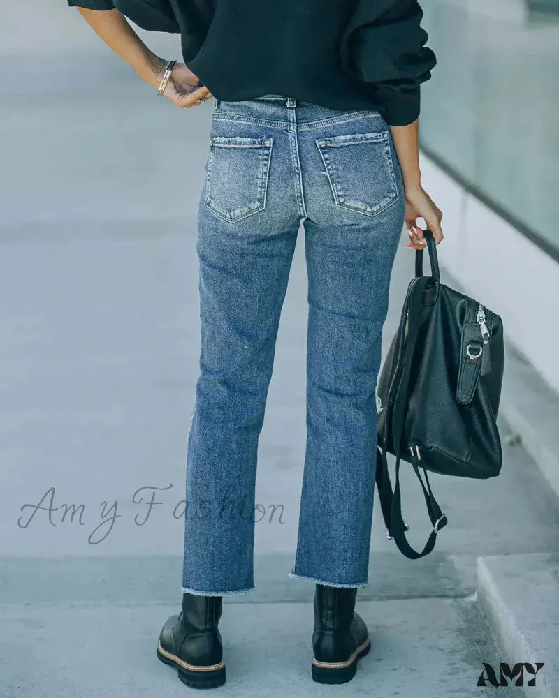 Amy Fashion - 2024 Blue New Hole Straight Women's All-Match High Waist Casual Ladies Washed Jean