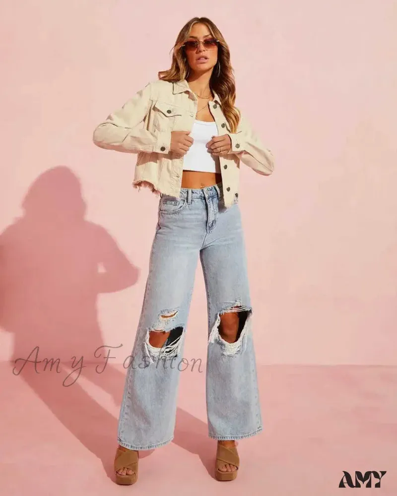 Amy Fashion - Fall High Waist Ripped New Blue Streetwear Casual Wide Leg Baggy Trendy Fashionable Denim Jean