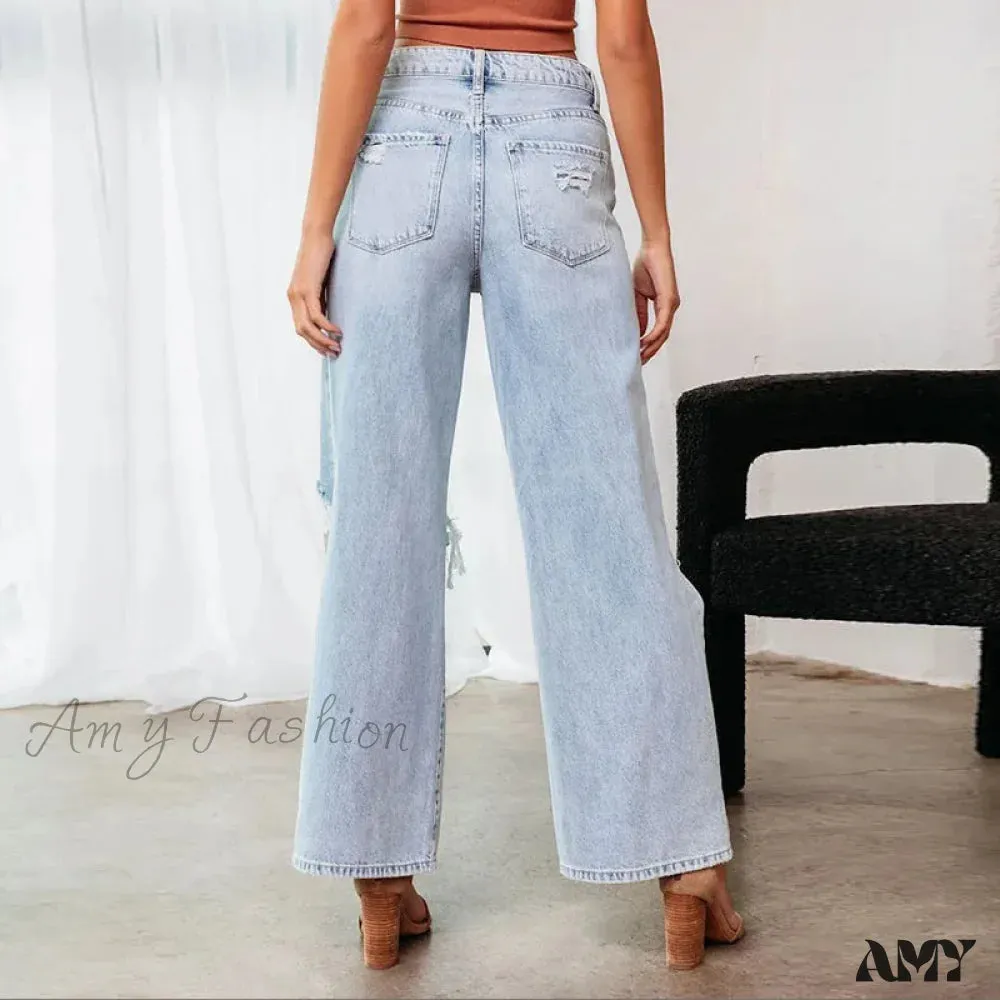 Amy Fashion - Fall High Waist Ripped New Blue Streetwear Casual Wide Leg Baggy Trendy Fashionable Denim Jean