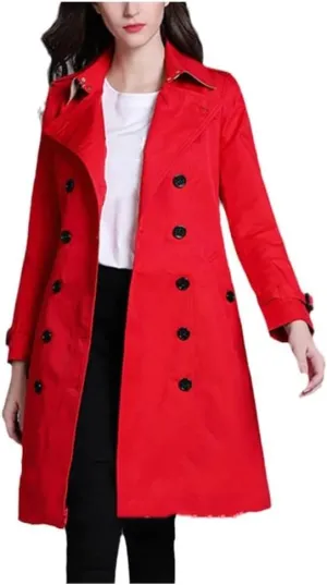 Autumn Winter Women's Trench Coat with Belt Buckle Slim Fit Double Breasted Outerwear
