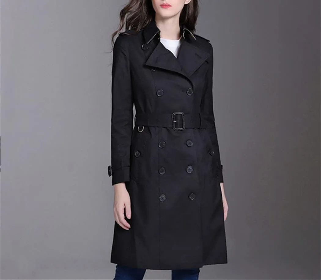 Autumn Winter Women's Trench Coat with Belt Buckle Slim Fit Double Breasted Outerwear