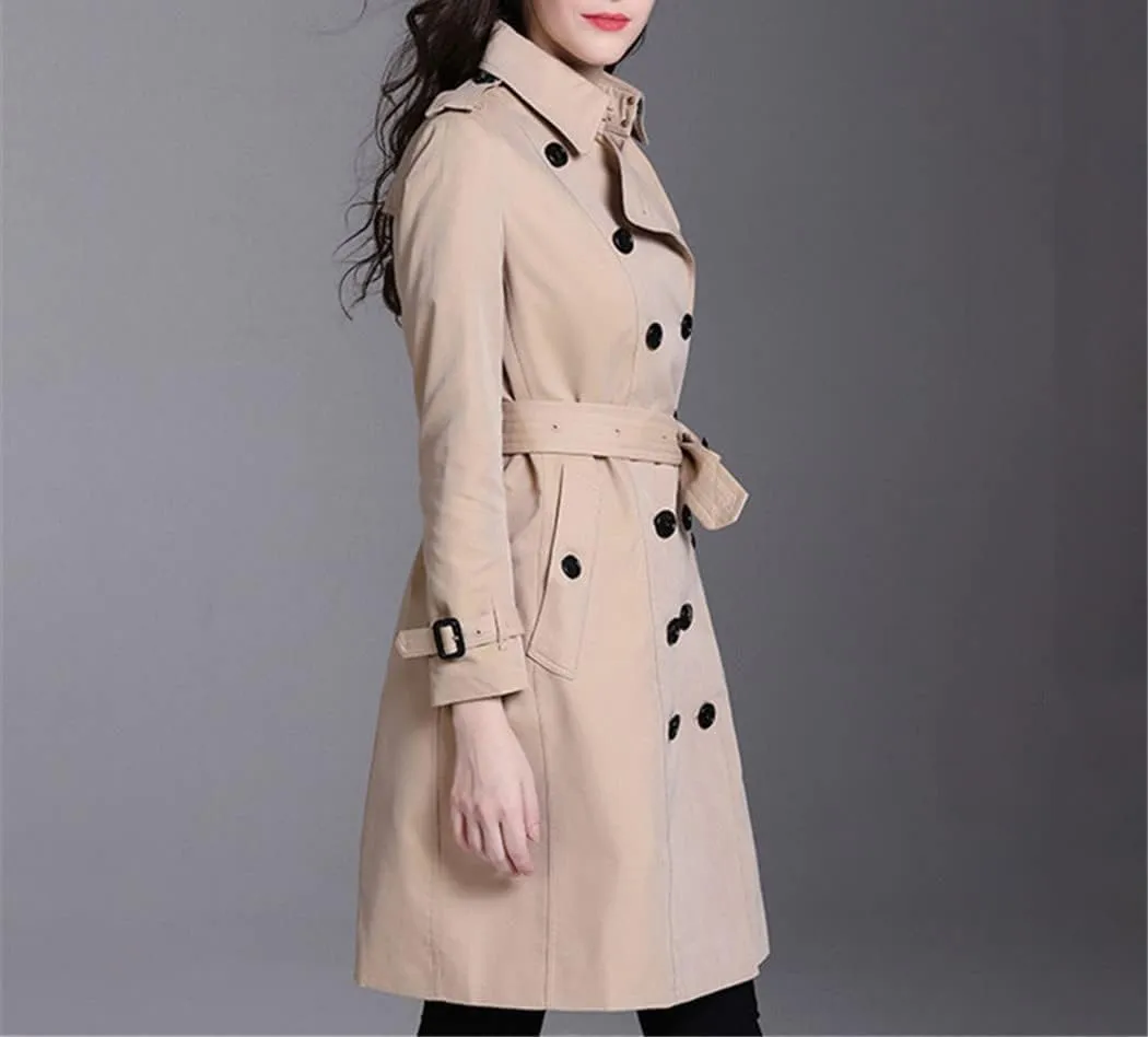 Autumn Winter Women's Trench Coat with Belt Buckle Slim Fit Double Breasted Outerwear