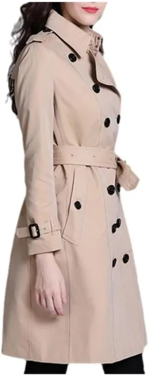 Autumn Winter Women's Trench Coat with Belt Buckle Slim Fit Double Breasted Outerwear