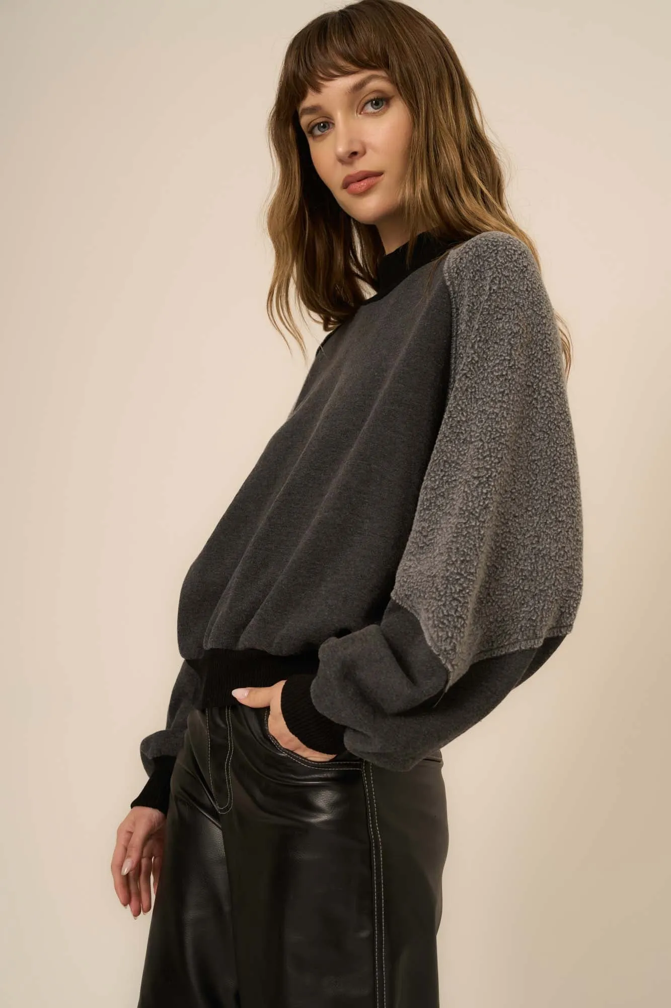Bette Seamed Fleece Mock Neck Sweatshirt - Black