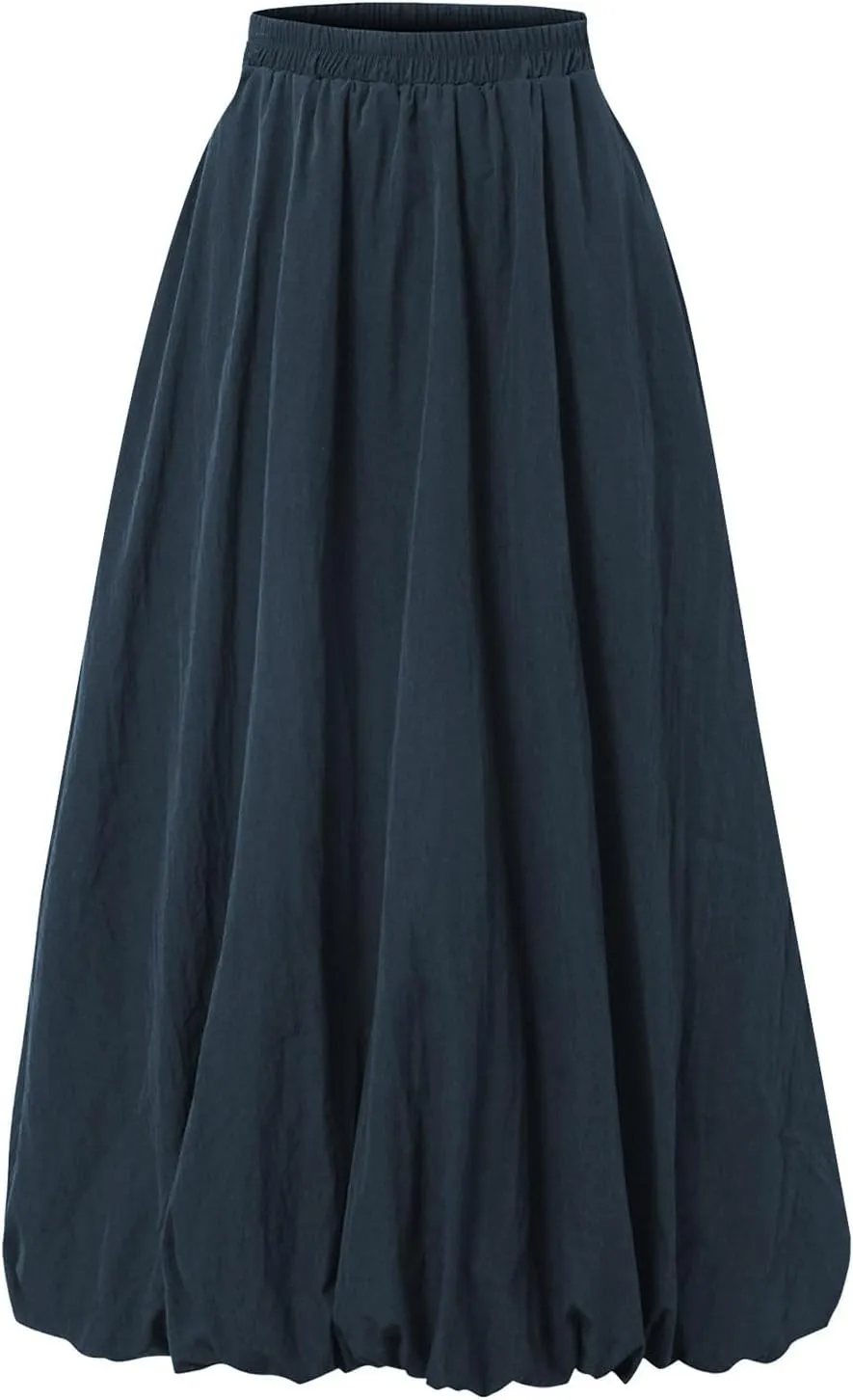 Bubble Midi Skirts for Women Trendy 2025 Summer Vacation Elastic High Waisted Flowy Long Skirt with Pockets