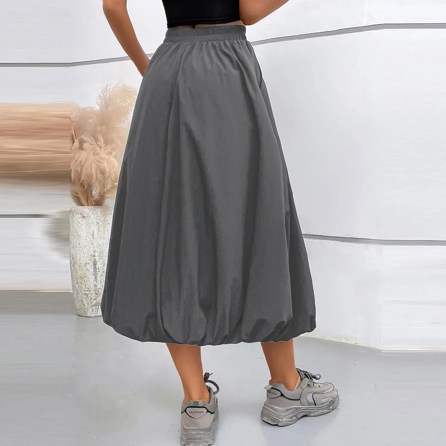 Bubble Midi Skirts for Women Trendy 2025 Summer Vacation Elastic High Waisted Flowy Long Skirt with Pockets