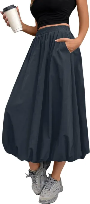 Bubble Midi Skirts for Women Trendy 2025 Summer Vacation Elastic High Waisted Flowy Long Skirt with Pockets