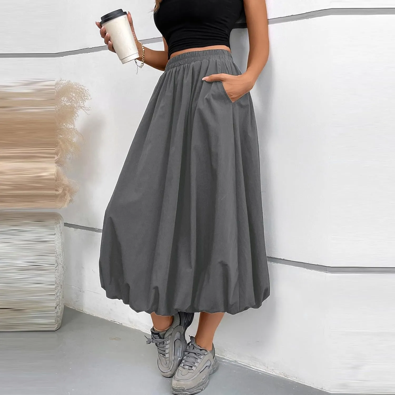 Bubble Midi Skirts for Women Trendy 2025 Summer Vacation Elastic High Waisted Flowy Long Skirt with Pockets