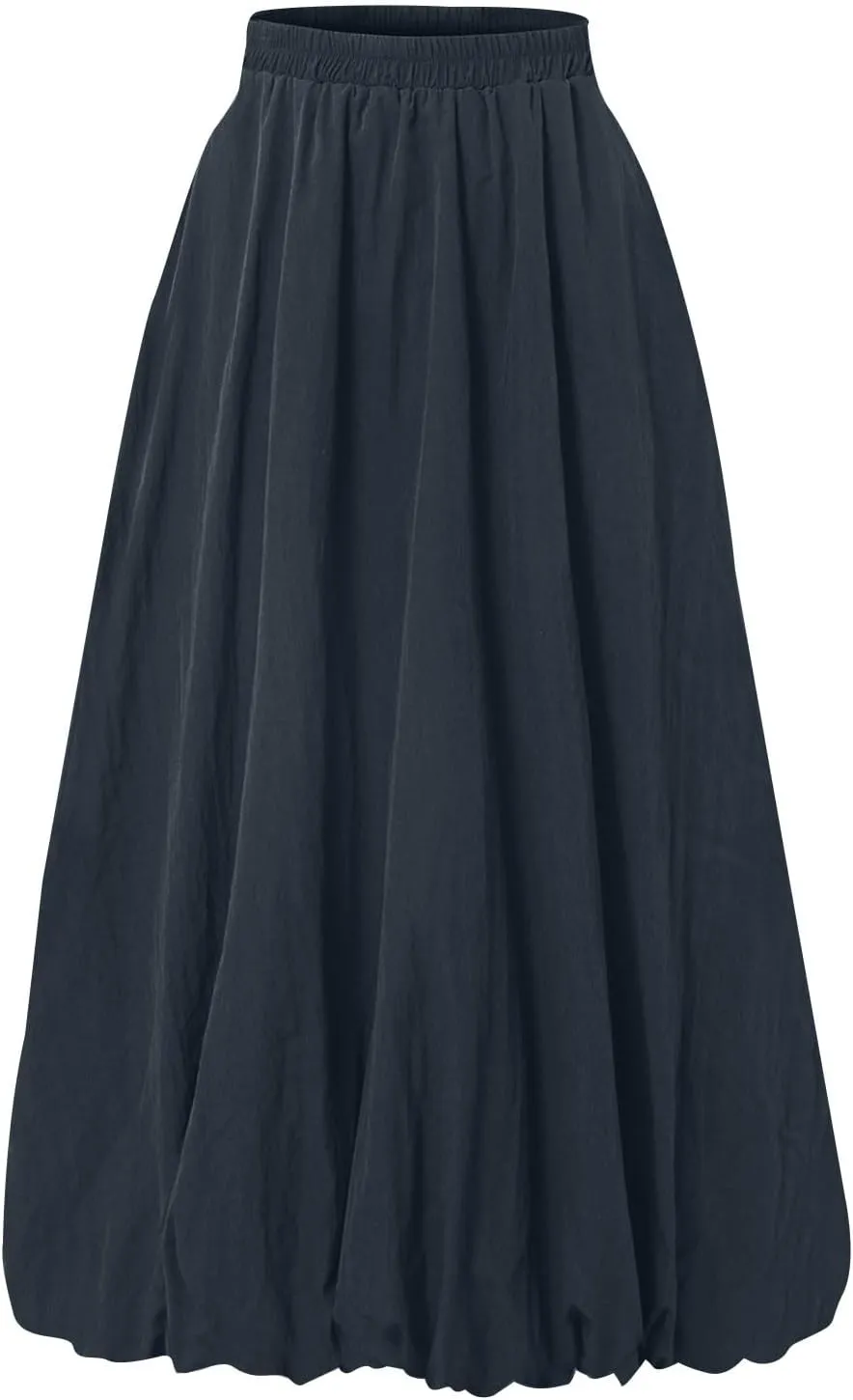 Bubble Midi Skirts for Women Trendy 2025 Summer Vacation Elastic High Waisted Flowy Long Skirt with Pockets
