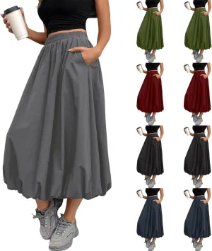 Bubble Midi Skirts for Women Trendy 2025 Summer Vacation Elastic High Waisted Flowy Long Skirt with Pockets