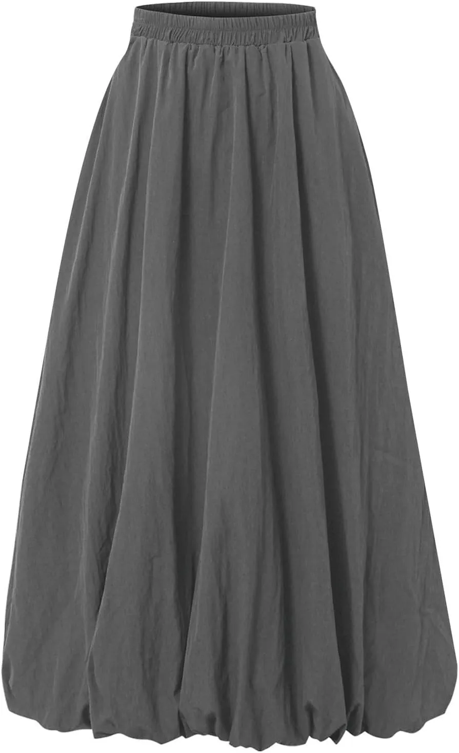 Bubble Midi Skirts for Women Trendy 2025 Summer Vacation Elastic High Waisted Flowy Long Skirt with Pockets