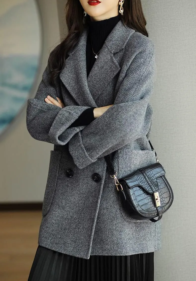 chouyatou Women's Casual Notch Lapel Double Breasted Warm Shacket Jacket Wool Coat