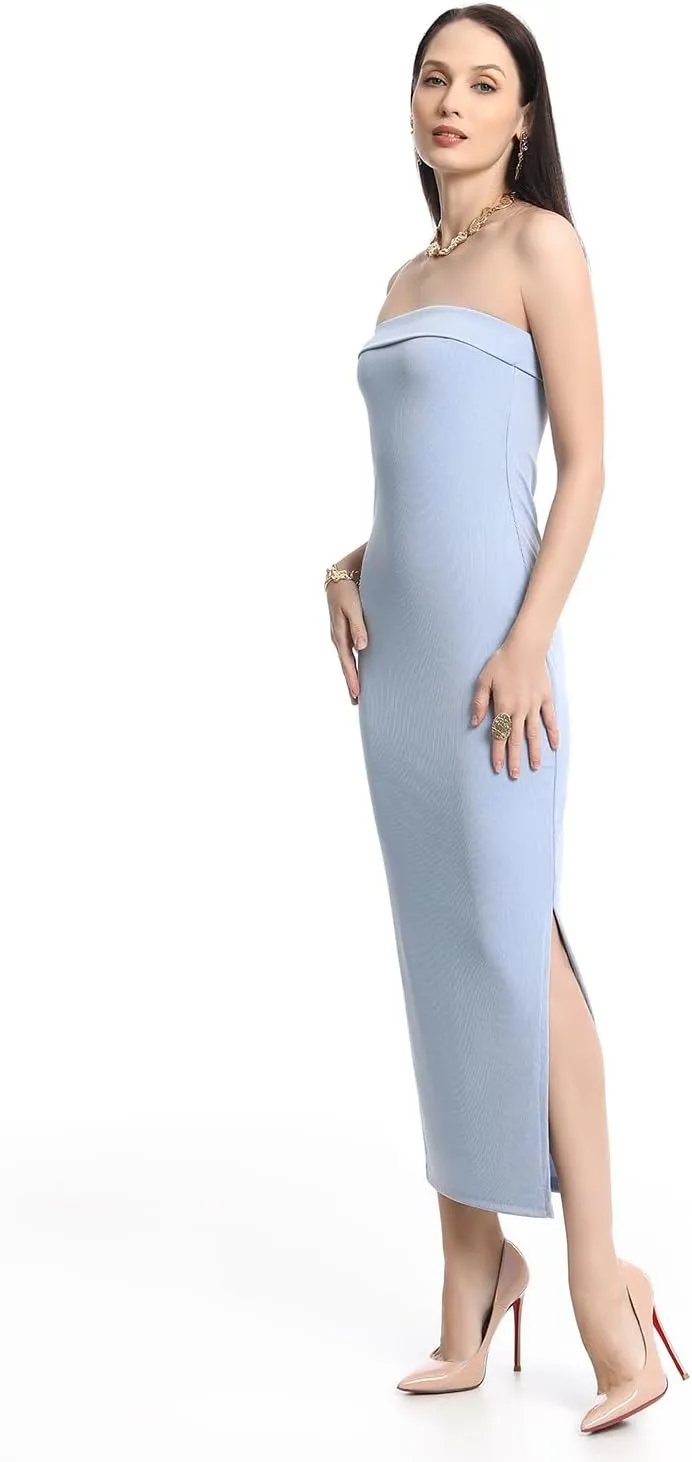 Cosy Pyro Womens Bodycon Long Dresses Summer Fitted Dress Maxi Tube Dress Ribbed Strapless Side Slit