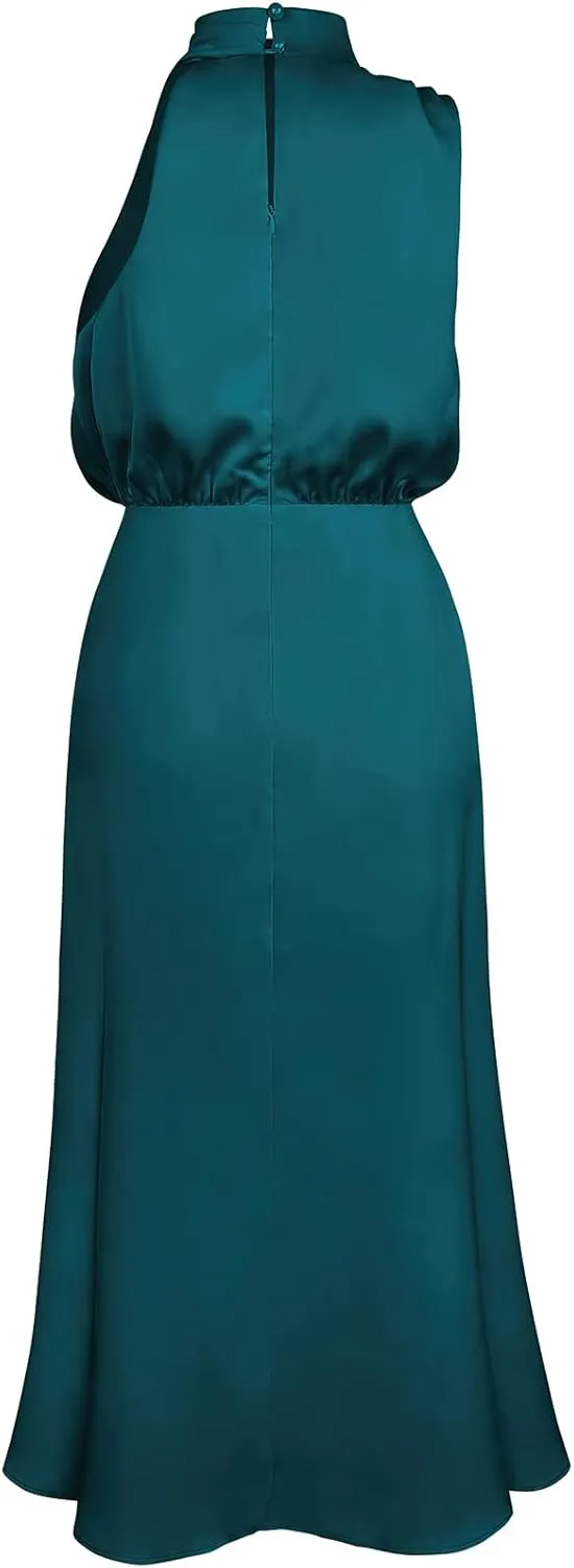 ebossy Women's Elegant Pile Collar Sleeveless Satin Celebrity Evening Party Maxi Dress