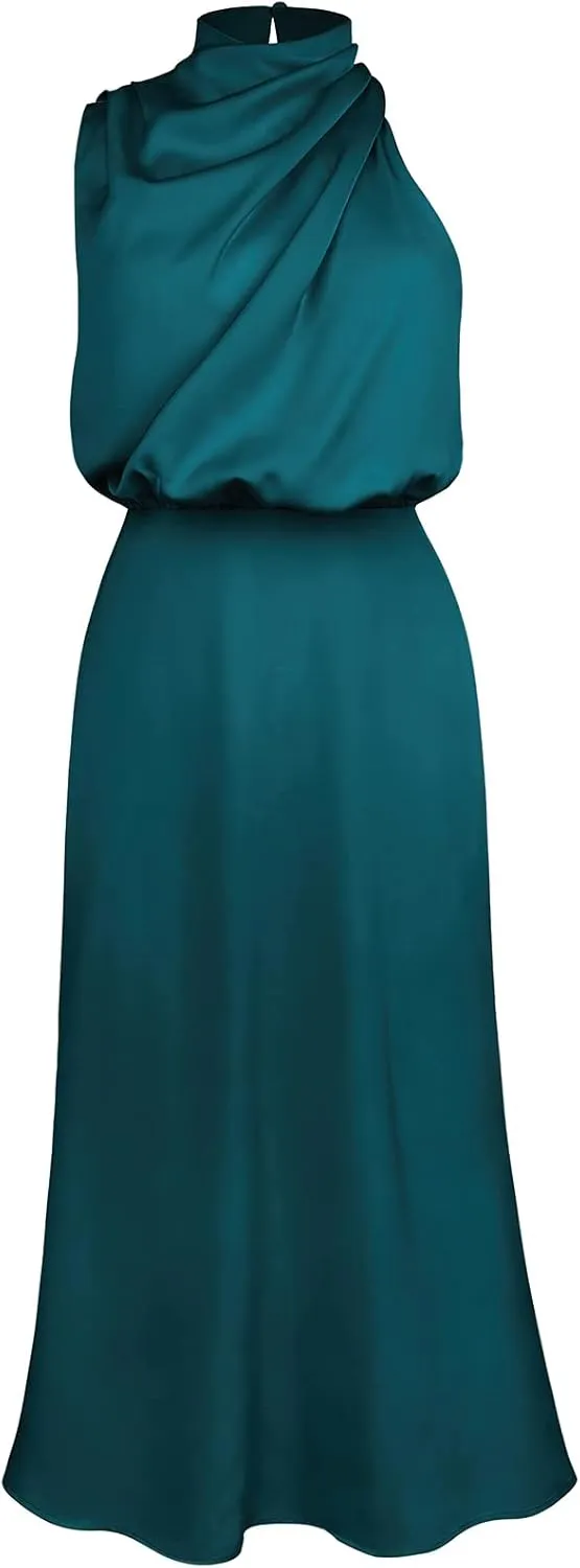 ebossy Women's Elegant Pile Collar Sleeveless Satin Celebrity Evening Party Maxi Dress