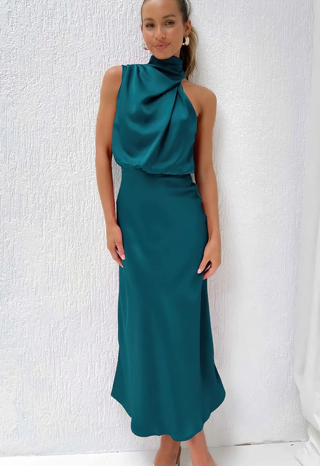ebossy Women's Elegant Pile Collar Sleeveless Satin Celebrity Evening Party Maxi Dress