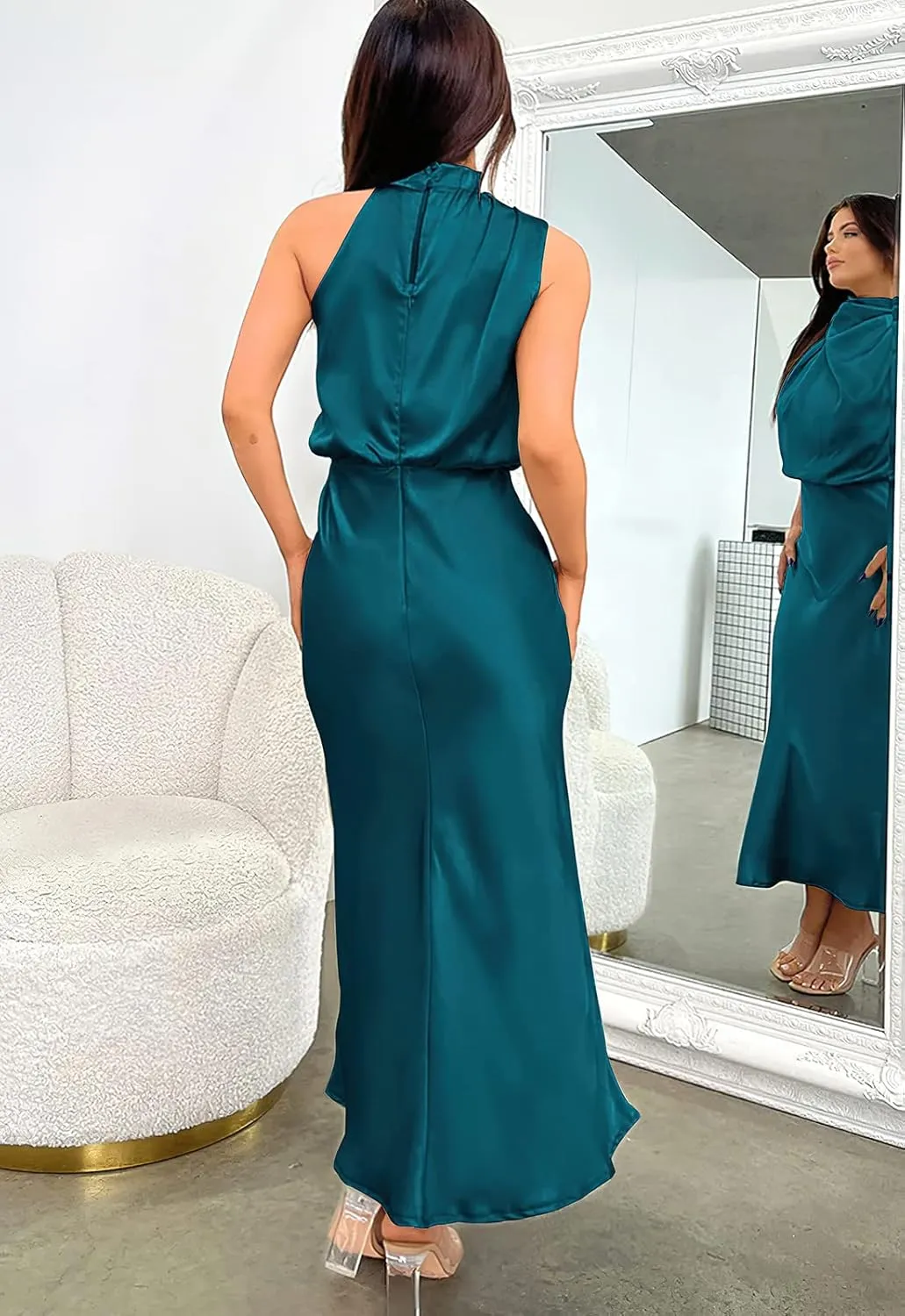 ebossy Women's Elegant Pile Collar Sleeveless Satin Celebrity Evening Party Maxi Dress