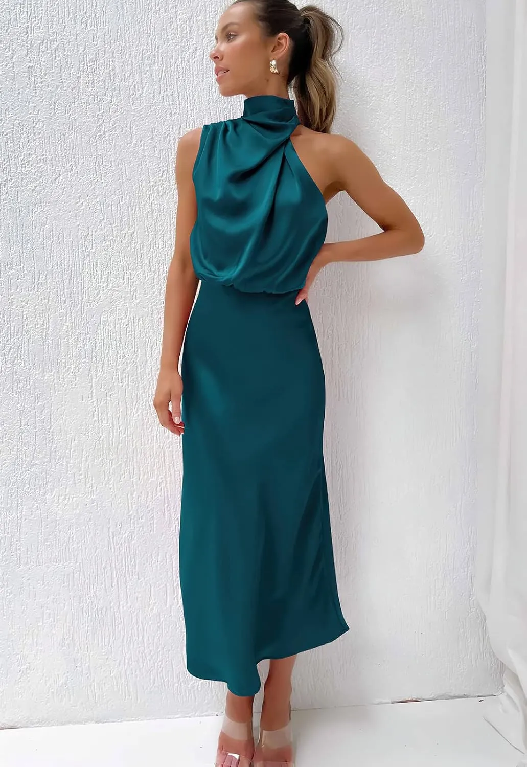 ebossy Women's Elegant Pile Collar Sleeveless Satin Celebrity Evening Party Maxi Dress