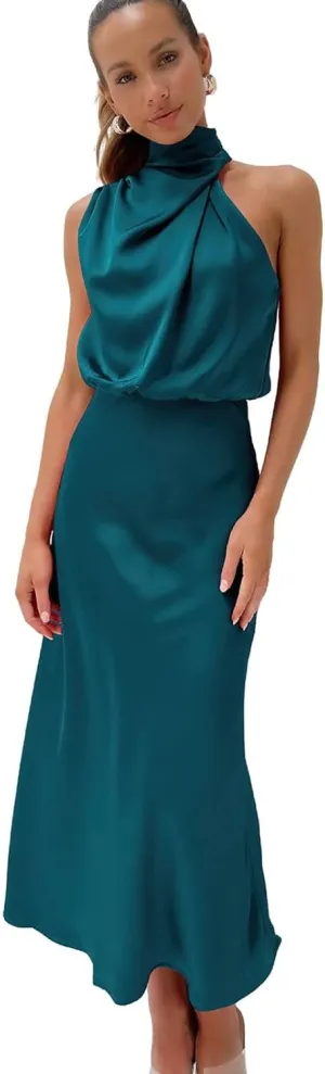 ebossy Women's Elegant Pile Collar Sleeveless Satin Celebrity Evening Party Maxi Dress