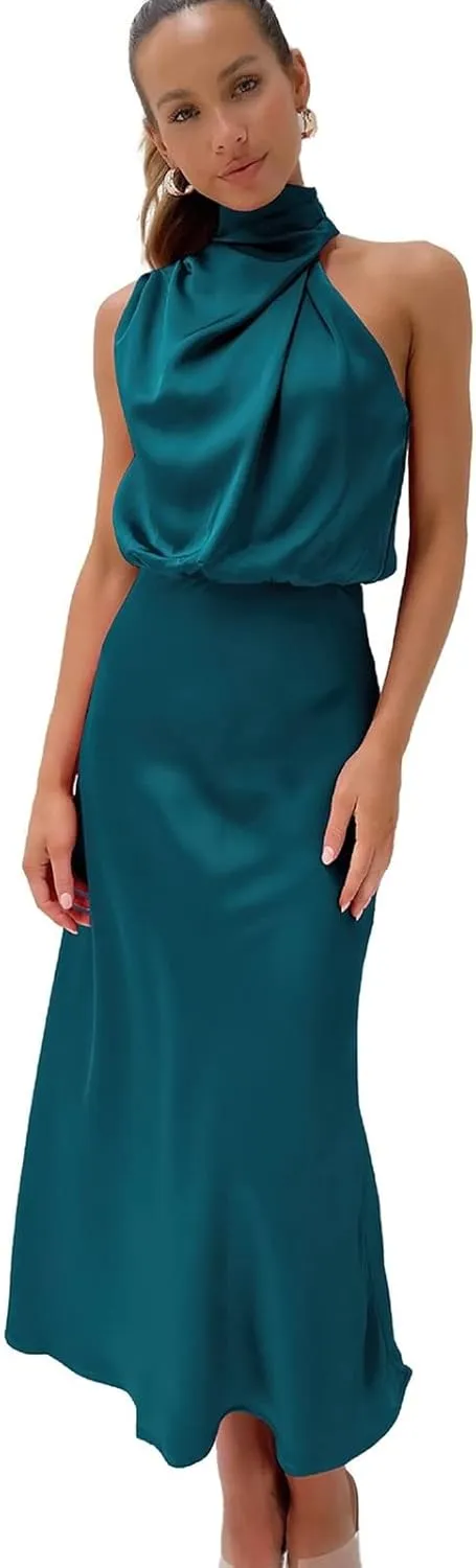 ebossy Women's Elegant Pile Collar Sleeveless Satin Celebrity Evening Party Maxi Dress