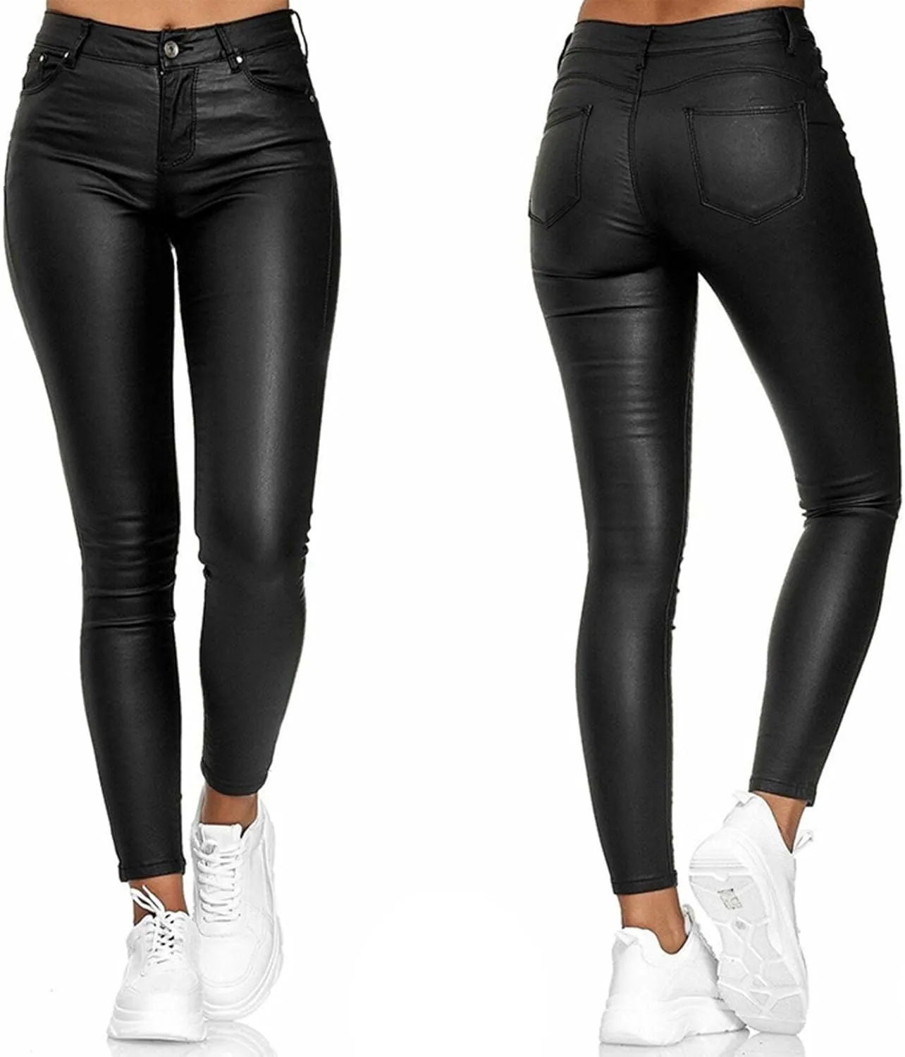 Faux Leather Leggings for Women High Waisted Pants with Pocket Stretch Leggings Trendy Spring Pant Tight Long Trouser