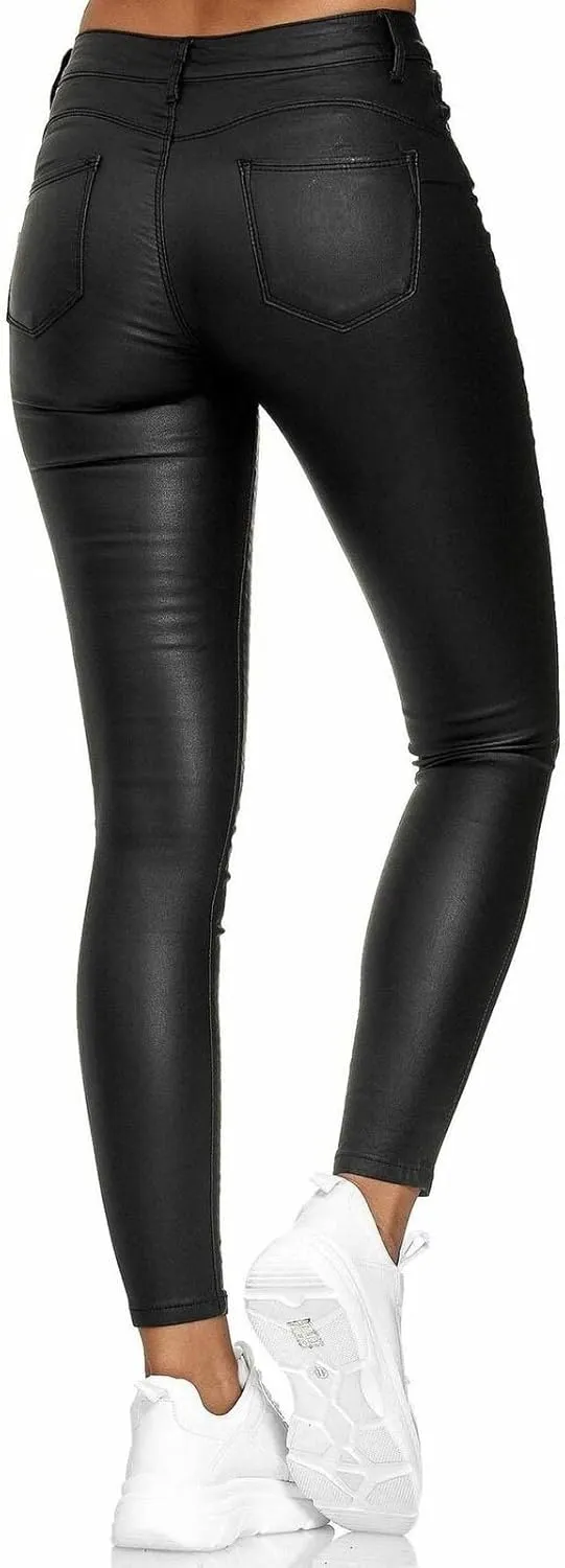 Faux Leather Leggings for Women High Waisted Pants with Pocket Stretch Leggings Trendy Spring Pant Tight Long Trouser