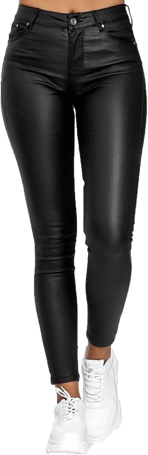 Faux Leather Leggings for Women High Waisted Pants with Pocket Stretch Leggings Trendy Spring Pant Tight Long Trouser