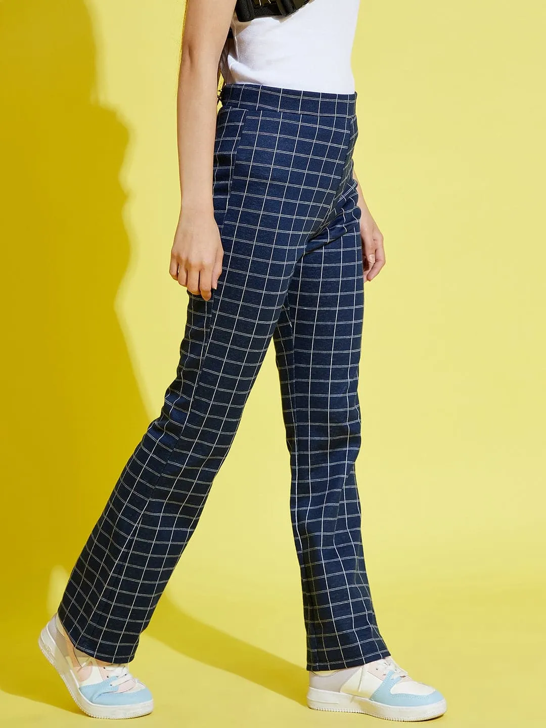 Girls Blue Check Bell Boot Leg Pants - Lyush Kids