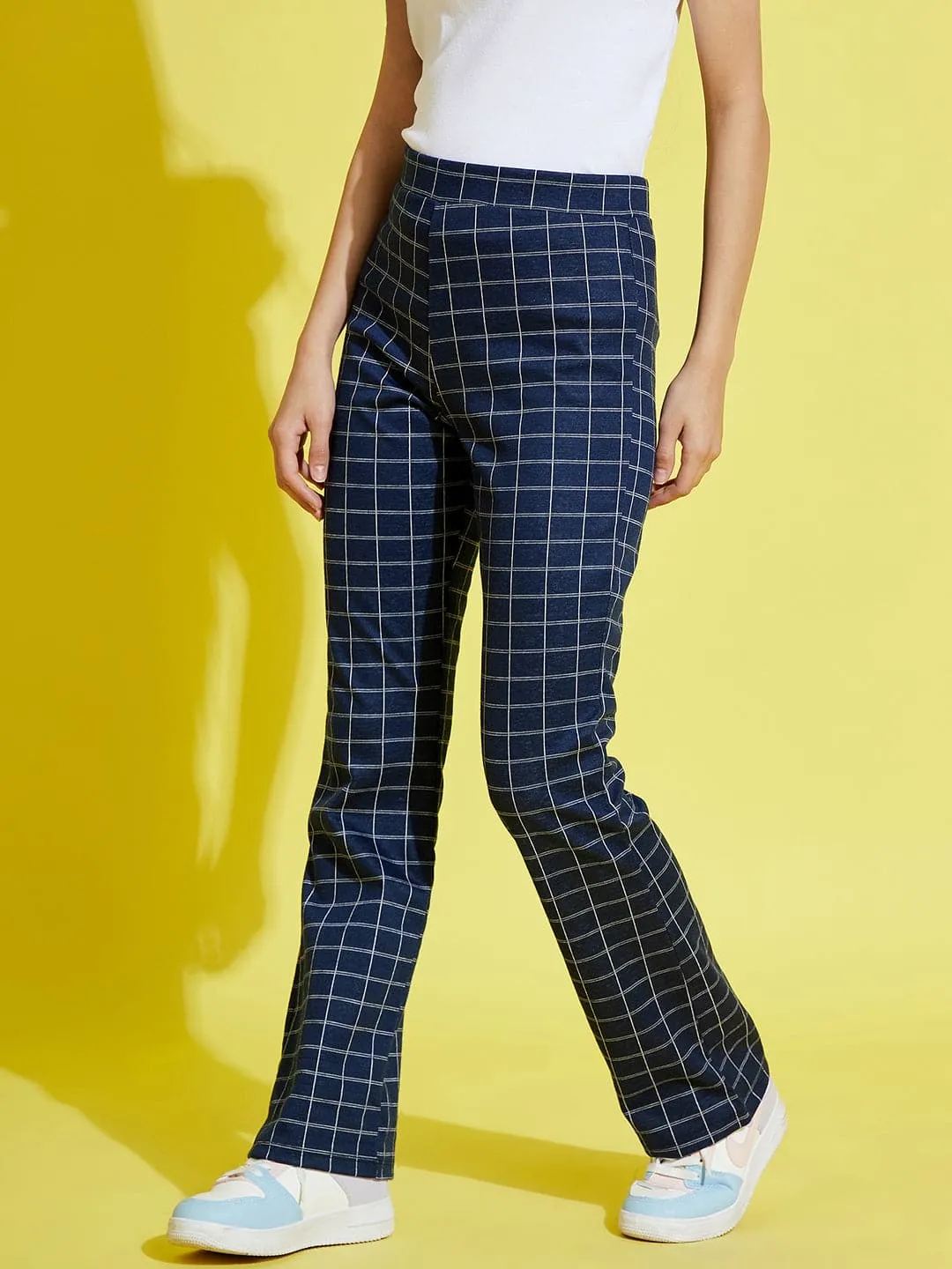 Girls Blue Check Bell Boot Leg Pants - Lyush Kids