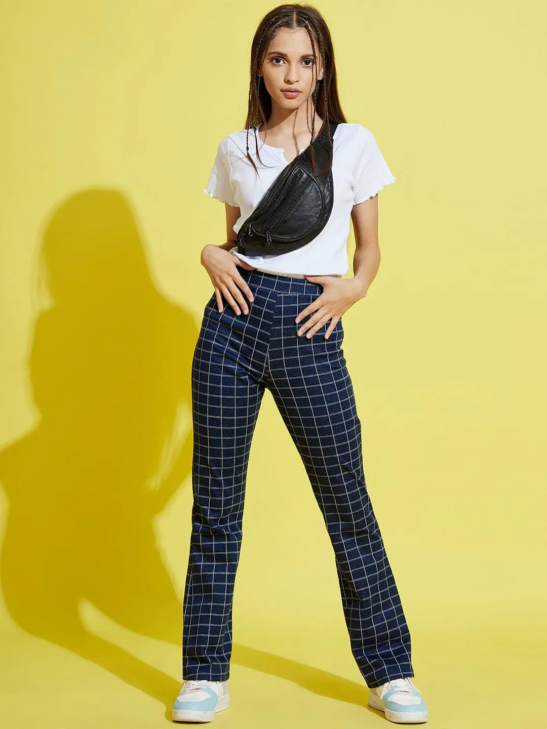 Girls Blue Check Bell Boot Leg Pants - Lyush Kids
