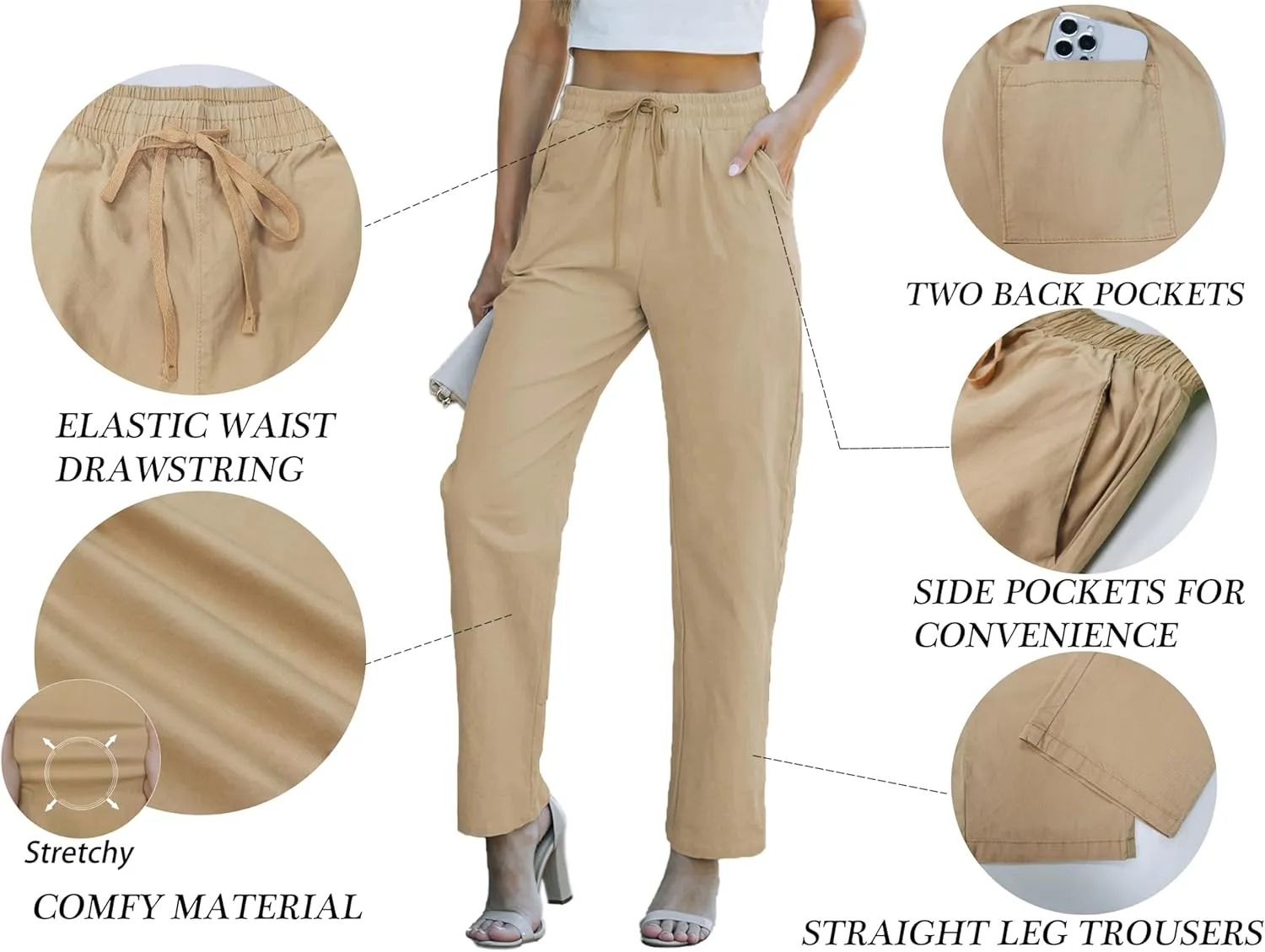 HVEPUO Womens High Waisted Casual Elastic Waist Drawstring Twill Pants Straight Leg Lightweight Cotton Trousers with Pockets