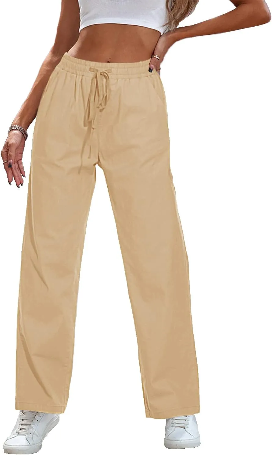 HVEPUO Womens High Waisted Casual Elastic Waist Drawstring Twill Pants Straight Leg Lightweight Cotton Trousers with Pockets