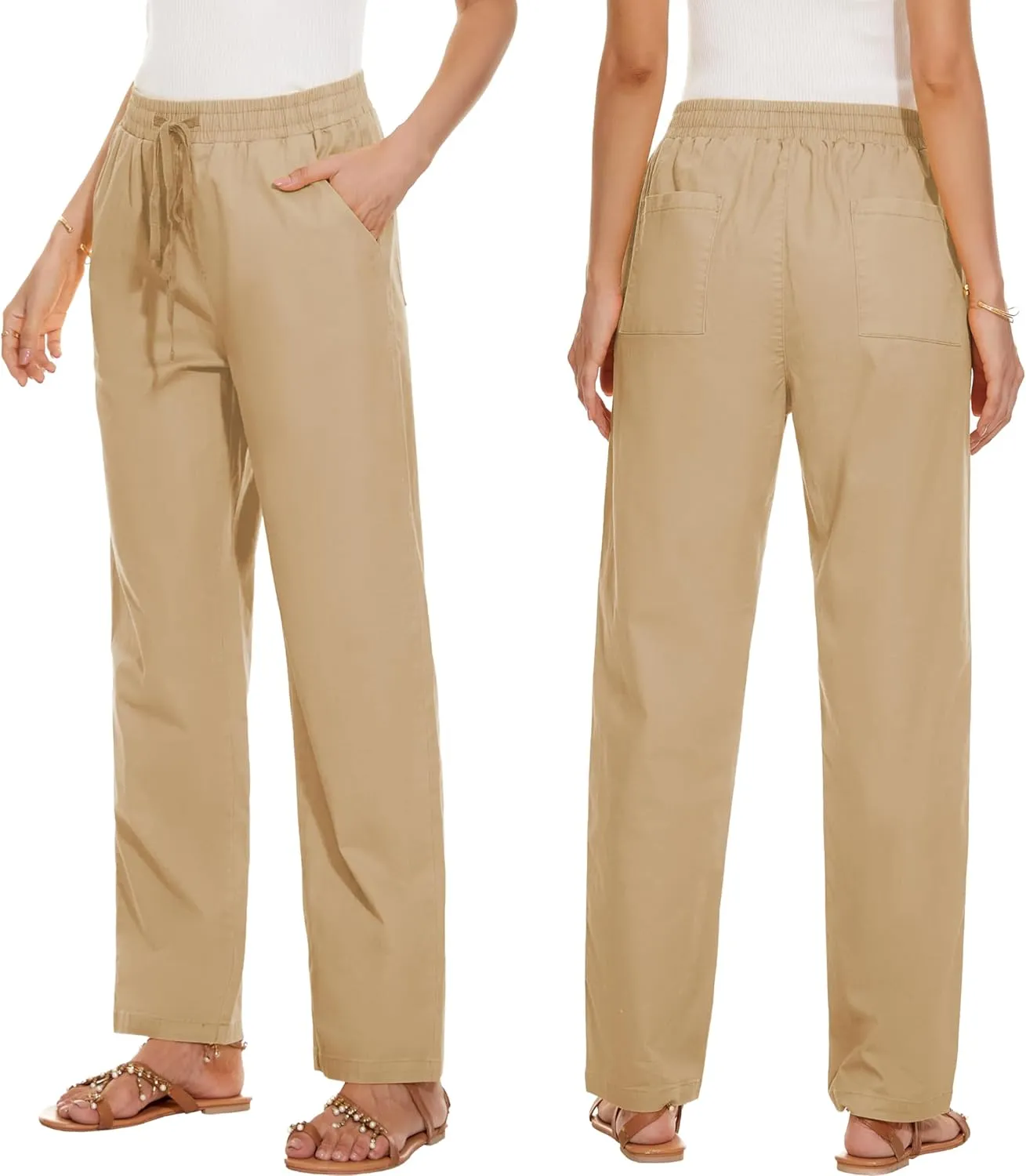 HVEPUO Womens High Waisted Casual Elastic Waist Drawstring Twill Pants Straight Leg Lightweight Cotton Trousers with Pockets
