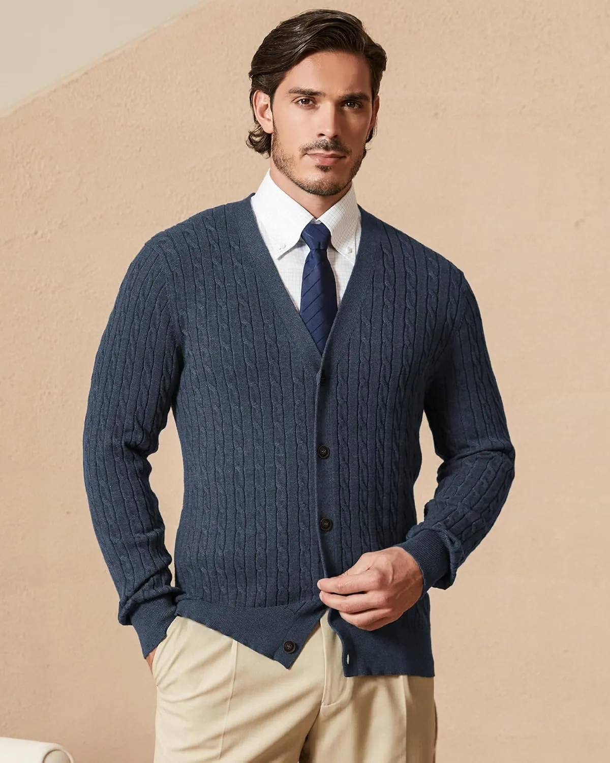 Kallspin Men's Pure Cotton Cable Knit Cardigan V-Neck Sweater Classic Casual Knitwear with Buttons