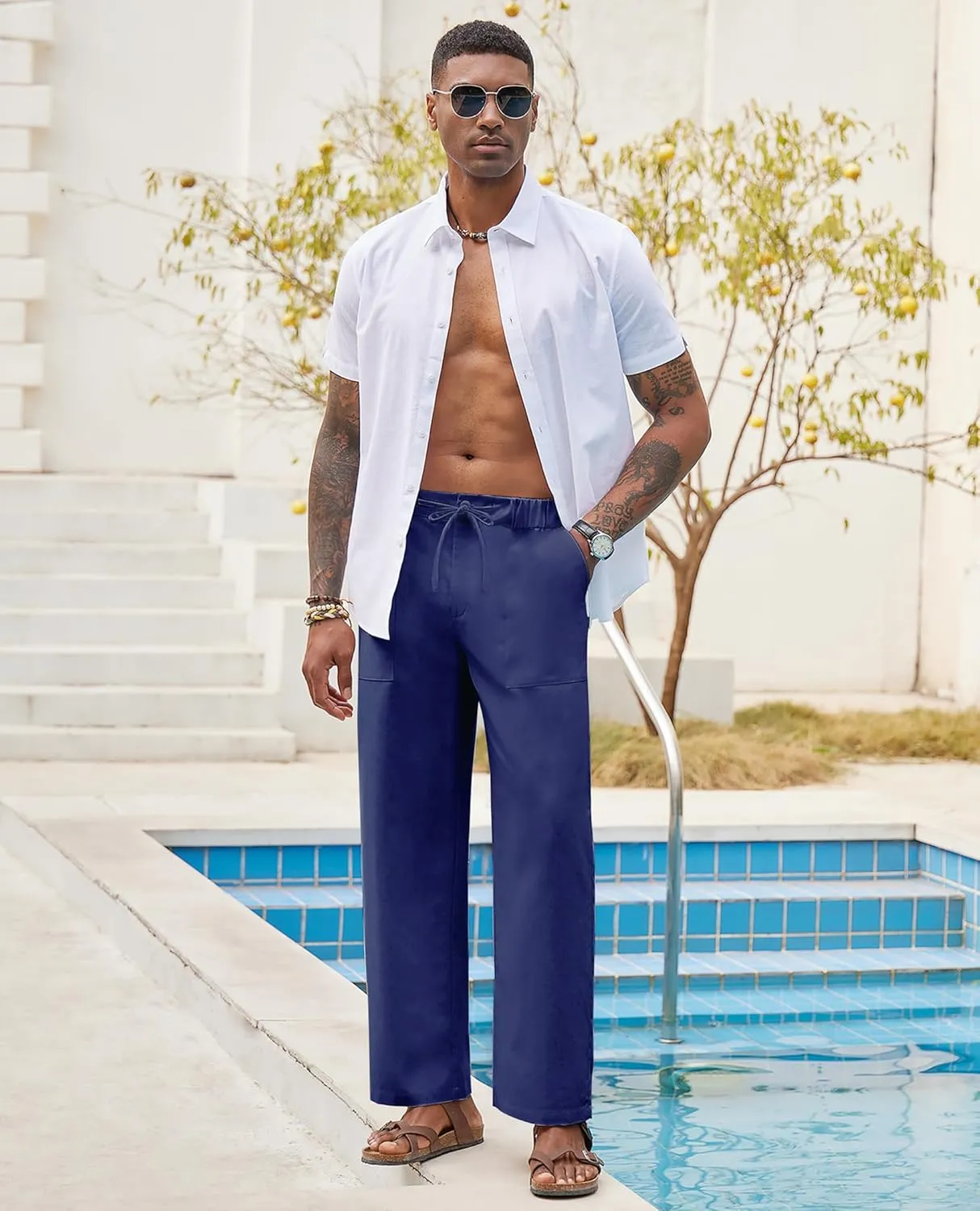 Linen Pants for Men - Casual Wide Leg Beach & Lounge Pants with Pockets