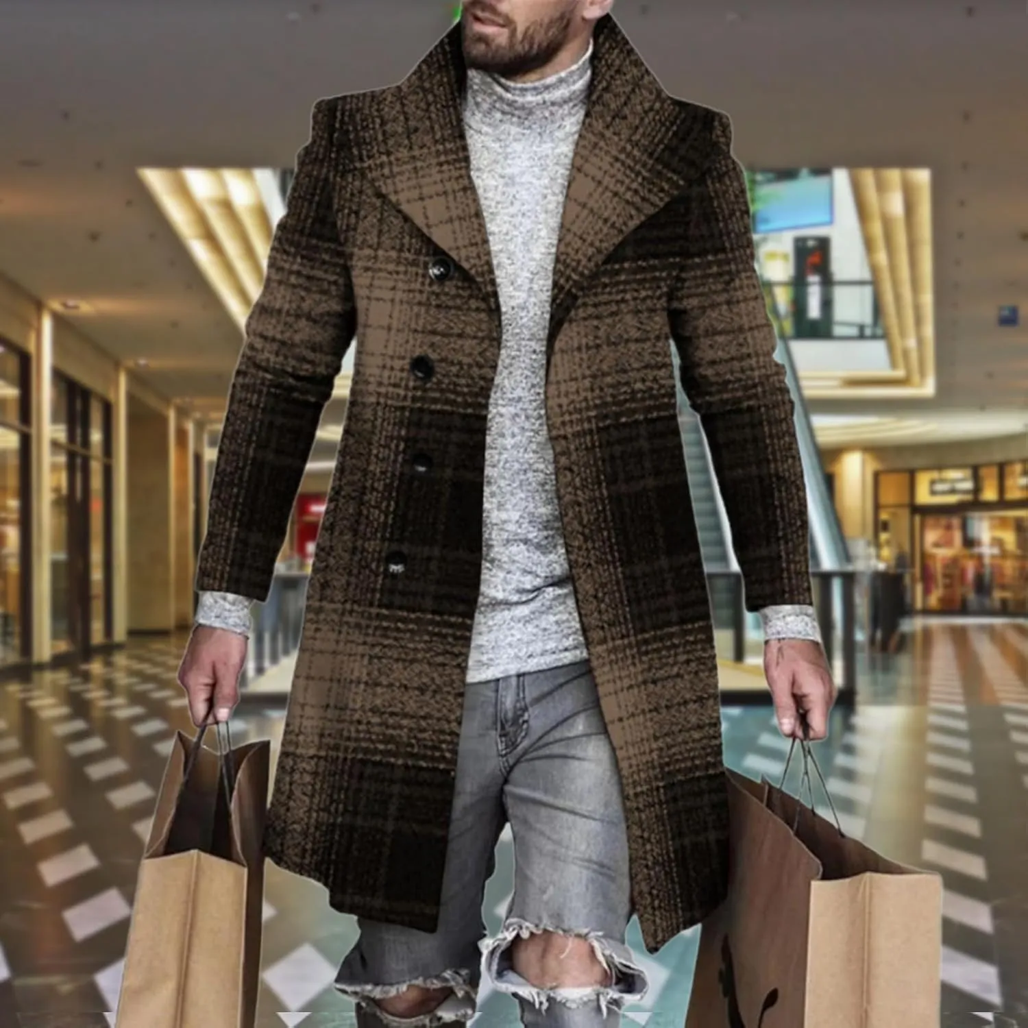 LOAIHA Men's Casual Trench Coat Fashion Plaid Splicing Single Breasted Mid Length Peacoat Fall Winter Warm Jacket Outwear