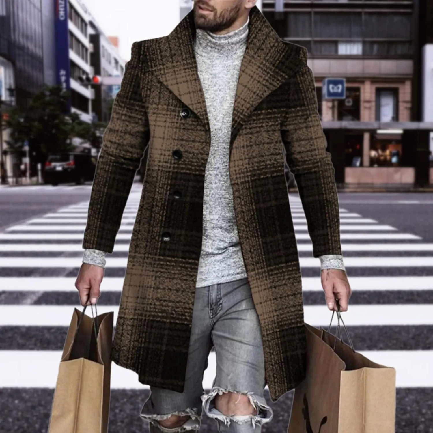 LOAIHA Men's Casual Trench Coat Fashion Plaid Splicing Single Breasted Mid Length Peacoat Fall Winter Warm Jacket Outwear