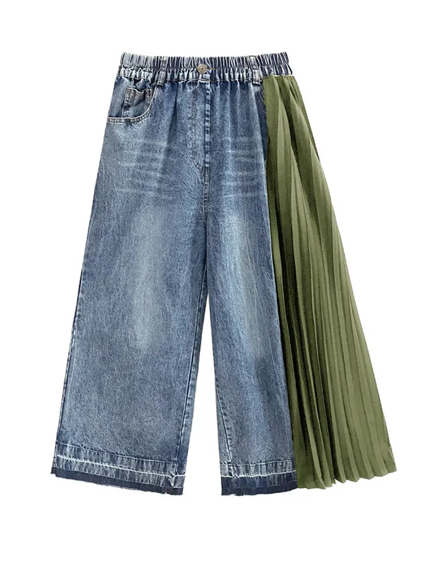 Loose Ninth Pants Contrast Color Pleated Split-Joint Jean Pants Bottoms
