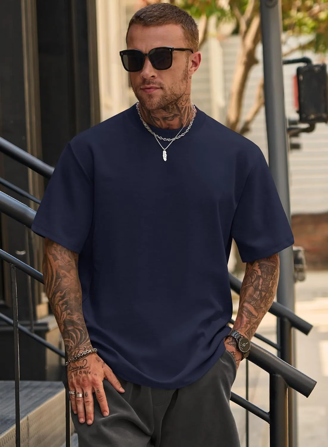 Mens Oversized T-Shirts Heavyweight Cotton Crew Neck Stretch Fashion Summer Thick Tee Tops (S-XXL)