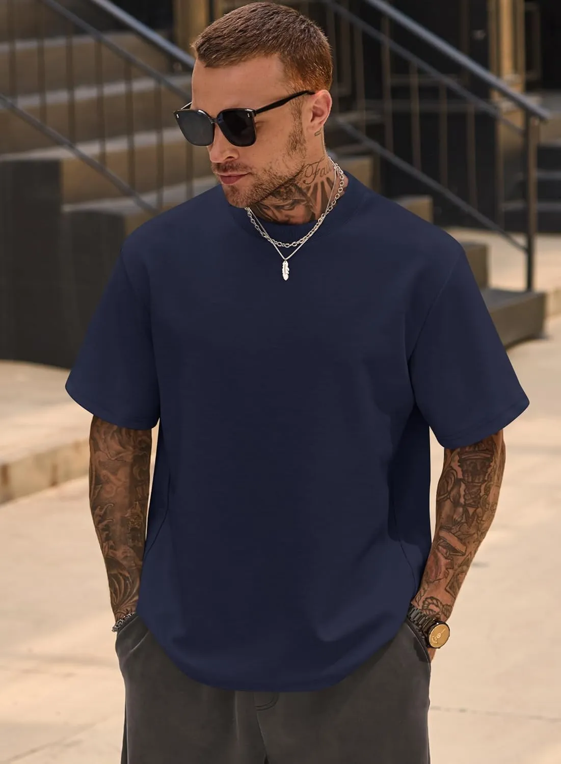 Mens Oversized T-Shirts Heavyweight Cotton Crew Neck Stretch Fashion Summer Thick Tee Tops (S-XXL)