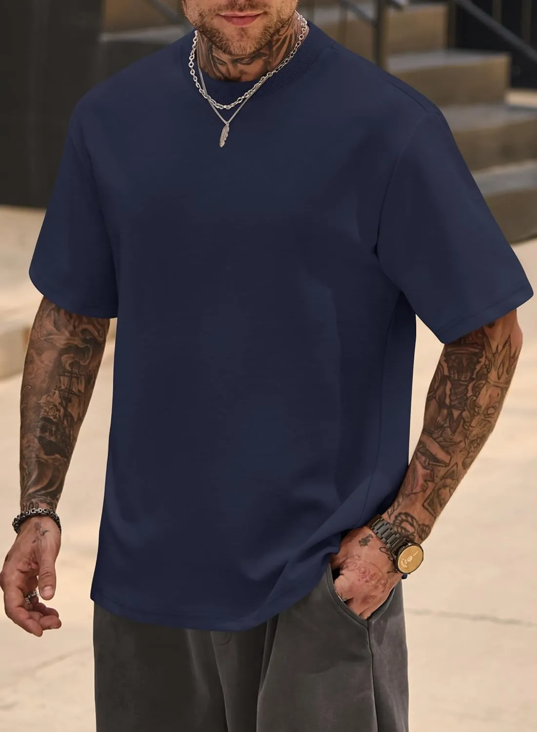 Mens Oversized T-Shirts Heavyweight Cotton Crew Neck Stretch Fashion Summer Thick Tee Tops (S-XXL)