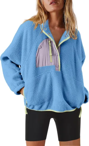 Nirovien Womens Fleece Pullover Long Sleeve Sherpa Jacket Button Down Fuzzy Sweatshirt Warm Outwear with Pockets