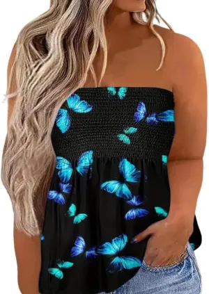Patchwork Print Tube Tops Women Elastic Trim Strapless Vintage Blouse Multicolour Off The Shoulder Tee