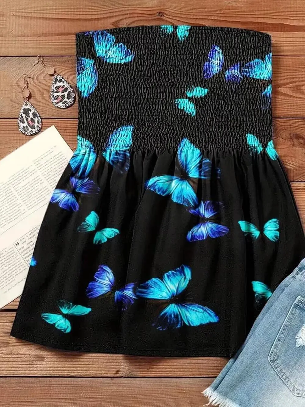 Patchwork Print Tube Tops Women Elastic Trim Strapless Vintage Blouse Multicolour Off The Shoulder Tee