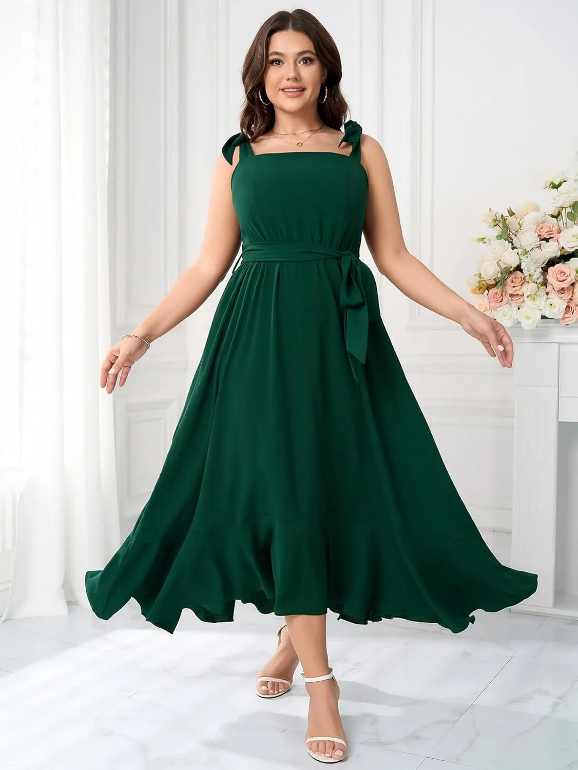 Plus Size Wedding Guest Dress Square Neck Ruffle A Line Elegant Bridesmaid Formal Cocktail Party Dresses for Women