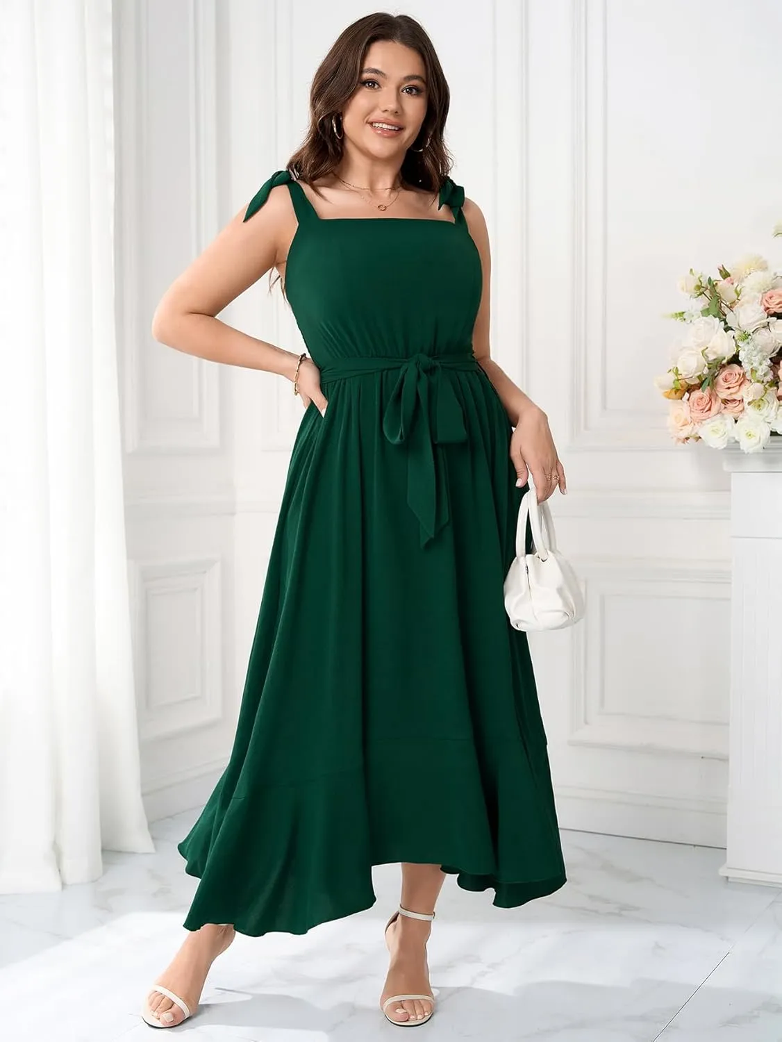 Plus Size Wedding Guest Dress Square Neck Ruffle A Line Elegant Bridesmaid Formal Cocktail Party Dresses for Women